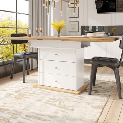 Table extensible MDF bianco e naturale 110-140x80x75 cm, con vano portaoggetti, per 4-6 persone (1/5)