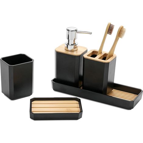 SHINING HOUSE 5-teiliges Badezimmer-Accessoires-Set, Badezimmer-Accessoires als Geschenk, Seifenspender/-schale, Bohemian, moderne Dekoration (schwarz)