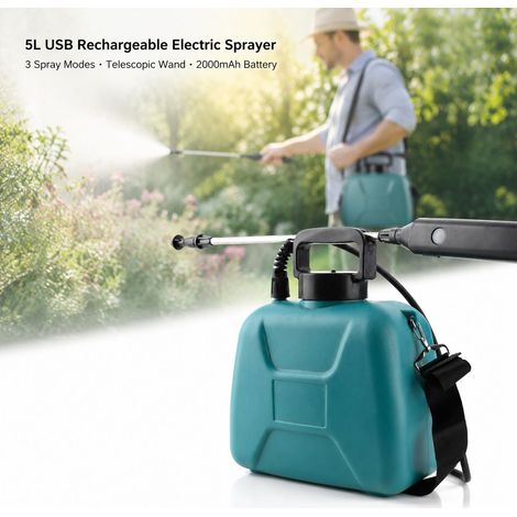 Spruzzatore elettrico da 5 litri - Ricaricabile tramite USB, ugello telescopico in acciaio inossidabile, 3 modalità di spruzzo, tracolla, per giardino e agricoltura (1/5)