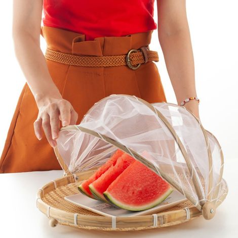 Plateau de service en bambou naturel, corbeille à pain en rotin, couvercle de protection alimentaire, panier de rangement maillé pour table de repas. (1/5)
