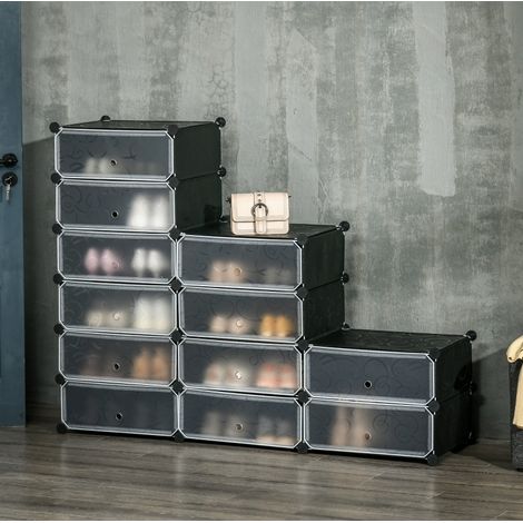 Estantería zapatero modular de plástico negro 94 x 37 x 108 cm, 12 compartimentos (1/5)