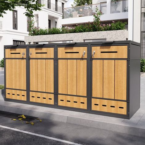 Abri Poubelles 4x240L Acier Aspect Bois - Cache-Conteneurs Verrouillable Ventilé Résistant