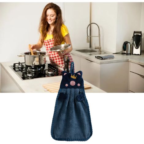 Niedliches, schweinchenförmiges Küchenhandtuch, hängend, saugfähig, Handtuch, Kinderhandtuch, einfarbig blau. (1/5)
