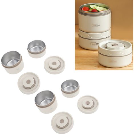Boîte bento thermique ronde portable multifonction scellée en acier inoxydable 304, avec sac isotherme, beige, 4 pièces (1/4)