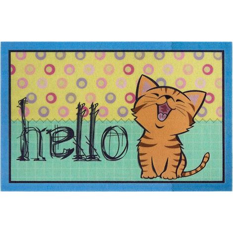 Paillasson imprimé floqué Aspect 3D avec Sol en PVC antidérapant - Paillasson de Porte - Tapis d'entrée - pour l'intérieur et l'extérieur - Différents Motifs - 45 x 70 cm - Chat Hello (1/3)
