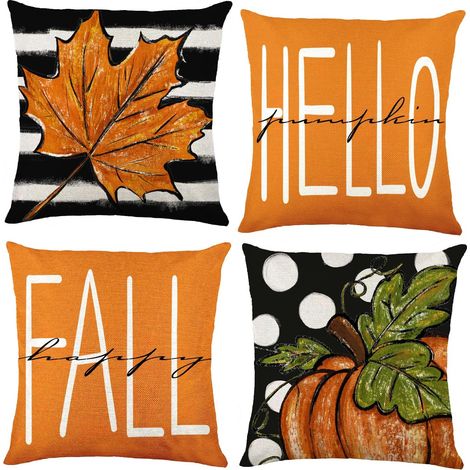 Juego de 4 fundas de cojín otoñales, de 45 x 45 cm, con estampado de calabazas y hojas de arce, para decorar un sofá, sillón u otros espacios interiores. (1/5)
