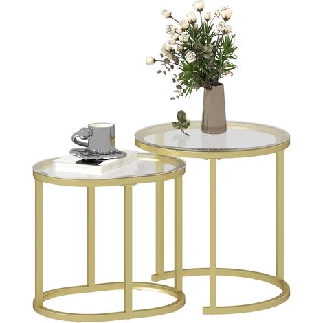 Tables basses gigognes, lot de 2 – Tables d’appoint avec structure en acier et plateaux en verre trempé transparent, finition dorée (1/5)