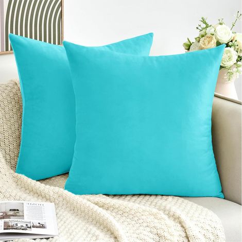 Lot de 2 housses velours turquoise 45x45 cm fermeture invisible, déco canapé (1/4)