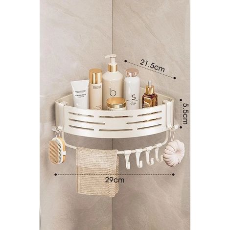 (1 pièce blanche avec tringle - comme illustré) Étagère d'angle de salle de bain sans perçage, étagère de douche murale en aluminium avec crochets pour porte-serviettes (1/5)