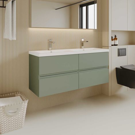 Hudson Reed Urban Satin Green 600mm Wall Hung 2 Drawer Vanity Unit and Twin Ceramic Basins - URB804F (1/5)