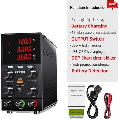 Alimentation électrique DC, sortie réglable, contrôle de précision, 120V3A charge, 220V prise EU (1/2)