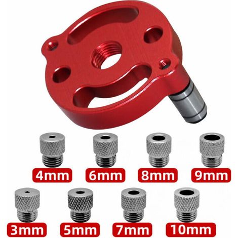 Kit de localisation de centre de travail du bois, gabarit vertical auto-centrant, localisateur de guide de forage, avec bagues de perçage 3/4/5/6/7/8/9/10 mm (rouge) (1/4)