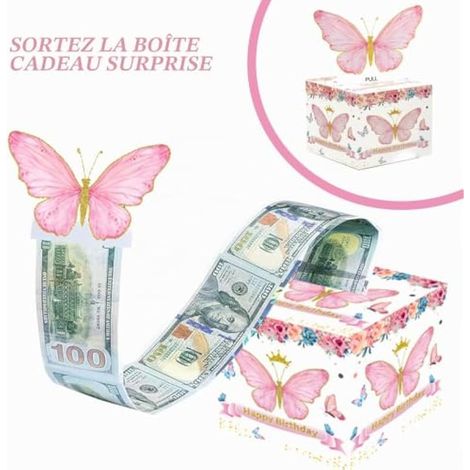 Coffret cadeau pour argent, Coffret cadeau papillon rose, Coffret cadeau surprise pour anniversaire, Coffret d'anniversaire avec carte de vœux, Coffret cadeau pour filles et femmes (1/3)