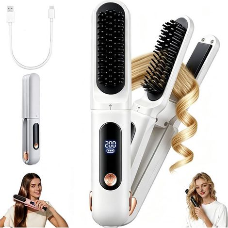 Peigne de coiffage sans fil - Lisseur de voyage portable - Mini lisseur 2 en 1 sans fil et rechargeable - Brosse de coiffage (1/5)
