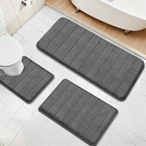 Tapis Bain 3 Pièces, Mousse Mémoire Forme Souple Tapis WC Forme U, Antidérapant, Absorbant, Lavable, Doux Séchage Rapide, Tapis Salle Bain pour Douche, Toilettes, Baignoire (1/5)
