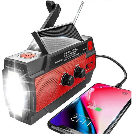 Radio de emergencia, con manivela y alimentación solar, radio meteorológica portátil de 4000 mAh, radio para exteriores con linterna y luz de lectura con sensor de movimiento. (1/5)