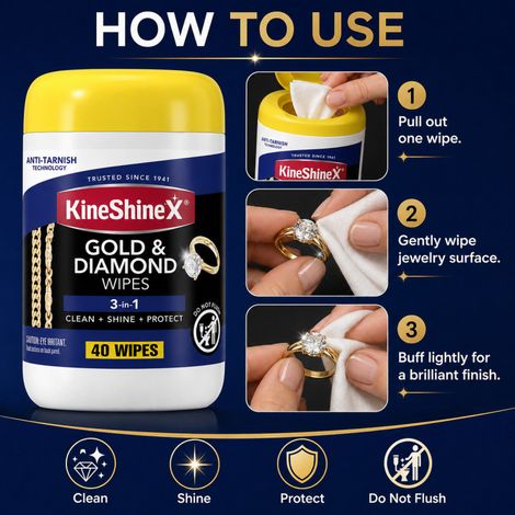 KineShineX Reinigungstücher für Gold, Diamanten und Schmuck hellen den Schmuck auf, entfernen Schmutz und Rückstände und stellen den Glanz wieder her. (1/4)