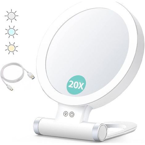 LaBlanc – Vergrößerungsspiegel mit Licht, 20x/1x, doppelseitig, tragbarer Schminkspiegel, 3-Farben-Beleuchtung, dimmbarer Touchscreen