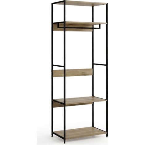 Estanteria Perchero de Metal y Madera Nancy, 175cm, Roble y Negro (1/4)