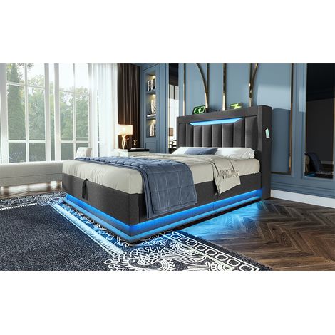 Lit double de 90x200 cm. Lit individuel.Lumière LED à la tête et aux pieds du lit. Espace de rangement hydraulique. Couleur gris. Matériau : lin. (Sans matelas) (1/5)