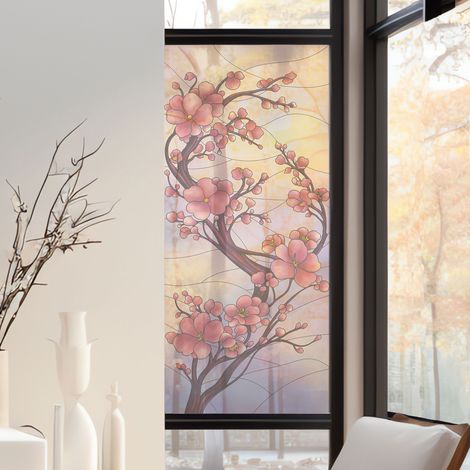 Stickers décoratifs électrostatique, fleur de cerisier, fleurs, rose, parme, effet vitrail, 150 cm X 67,5 cm (1/2)