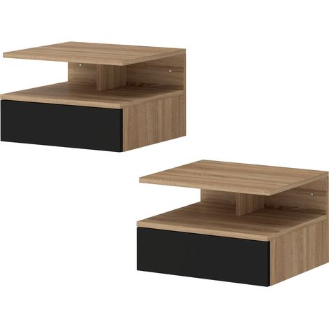 HOMCOM Set di 2 Comodini Sospesi con Cassetto e Mensola Aperta Nero e Rovere