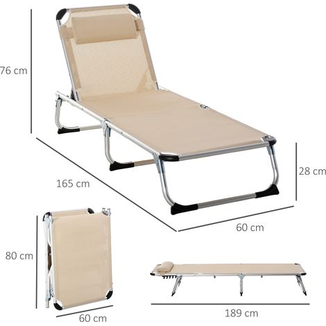 Chaise longue de jardin en aluminium, réglable en 4 directions, pliable, ergonomique, en tissu mesh beige, 170 x 60 x 76 cm, pour jardin et terrasse.