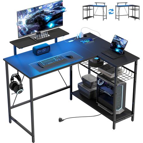 Bureau angle gaming éclairage LED prises électriques support écran étagère, noir