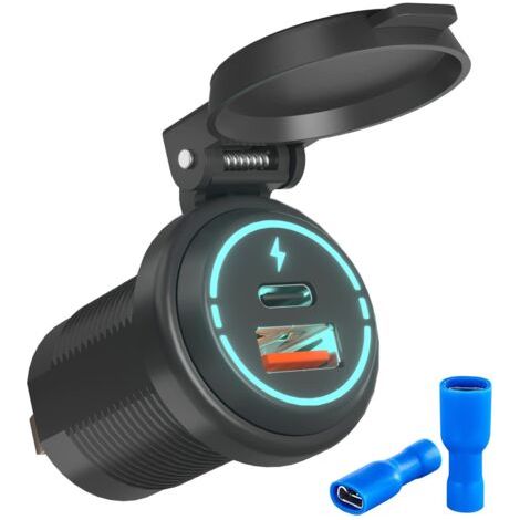 Prise USB 12v Chargeur de Voiture, Prise de Chargeur de Voiture USB C, Prise USB Encastrable Auto pour Voiture 12V / 24V, Moto, Bateaux et Marine, Camion (Bleu Glacier : USB+Type C) (1/5)