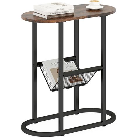 COSTWAY Tavolo da Salotto a 2 Livelli, Tavolino Ovale Stretto con Struttura di Metallo Robusta, Ripiano di Rete Metallica, per Soggiorno e Camera da Letto, 60 x 28,5 x 64 cm (Marrone Rustico + Nero) (1/5)