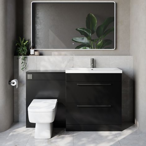 Napoli 390 Cento Matt Black 1400mm 2 Drawer Vanity Unit Toilet Suite with Glide Basin - 1400mm - Gunmetal Grey 480mm HandleWith Kingston Toilet Pan and Seat
