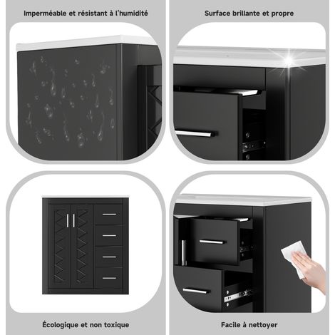 MDF laqué noir meuble sous vasque 76 cm avec vasque céramique et 3 tiroirs, rangement pour salle de bain (1/5)