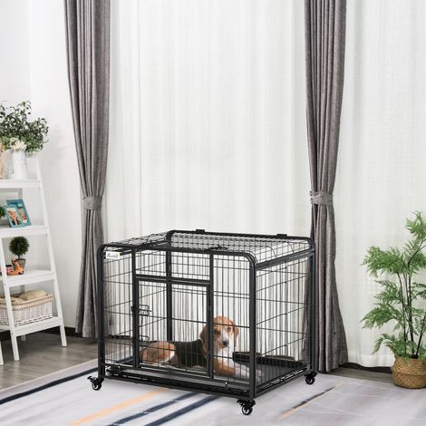 PawHut Cage pour chien pliable cage de transport sur roulettes 2 portes verrouillables plateau amovible dim. 94L x 58l x 69.5H cm métal gris noir