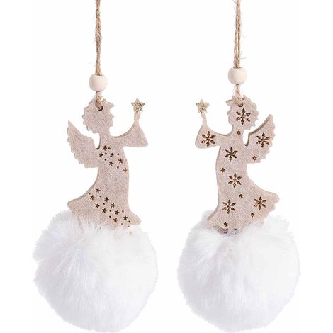 Decorazioni natalizie con angioletti sopra pompon bianco in ecofur con cordino per appendere, set da 12 pezzi, Ø 7 cm x 12 H