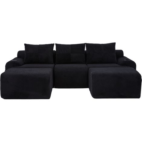 ELVMI Modulares Sofa 3-Sitzer mit Getränkehalter und Seitentasche, aus Cord, Schwarz (1/5)