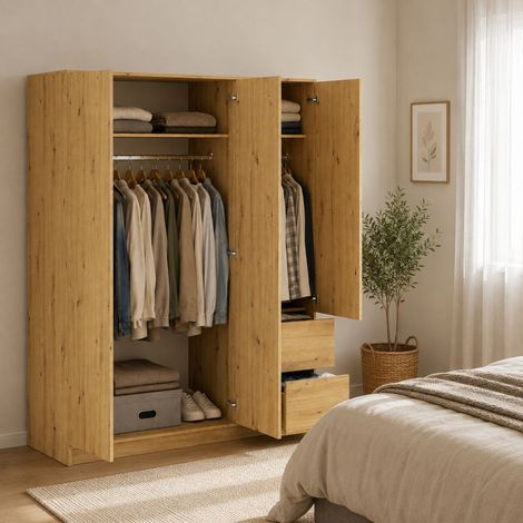 Guardaroba 3 Ante Leseto, Armadio Camera da Letto Appendiabiti, 2 Cassetti, 2 Ripiani, 147x57 cm Marrone Rovere (1/5)