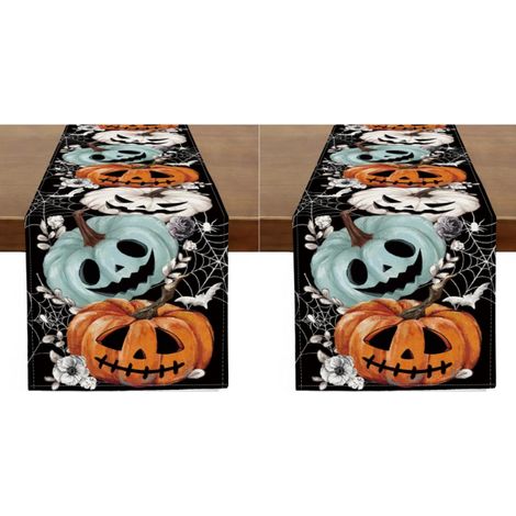 Camino de mesa con diseño de calabaza espeluznante para Halloween, cocina de estilo rústico, comedor, decoración del hogar, 33 x 183 cm (2 piezas) (1/4)
