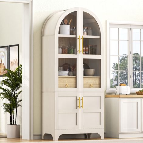 Aparador alto 76x40x180 cm con cajón, estantes ajustables y puertas de vidrio estriado, mueble de almacenamiento - blanco