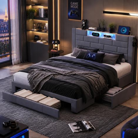 Lit capitonné 160x200 cm en velours gris doux, LED, ports USB et tiroirs sous le lit, élégant et cosy pour une chambre chaleureuse (1/5)