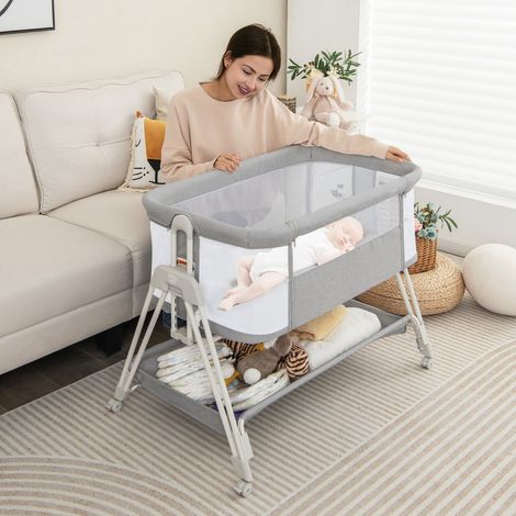 Lit de Chevet pour Bébé Berceau Lit Pliant Portable Berceau Réglable avec Rangement Gris Maison Chic (1/2)