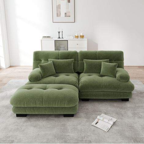 Divano angolare modulare in ciniglia con ottomana e 4 cuscini, 220 x 145 x 81 cm, verde DESVIAE (1/5)