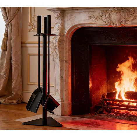 Lot de 4 accessoires de cheminée avec pelle, tisonnier et brosse Noir 58 cm de haut pour les brûleurs à bûches et accessoires de cheminée (1/5)
