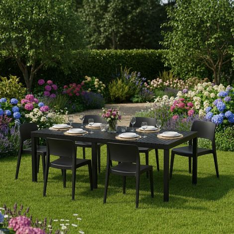 Ensemble Salon d'Extérieur Maseta, Salon de Jardin 6 Places, Table Extensible Fabriqué en Italie, Finition Effet Lames, Noir Anthracite (1/5)