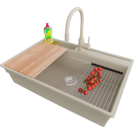 PRIMAGRAN Evier Cuisine en Granit 78x53cm,Lavabo 1 bac + Robinet 38x14cm + Kit de Vidage + Accessoires, Évier à Encastrer au meuble 80cm - Oslo Pocket, Beige (1/5)