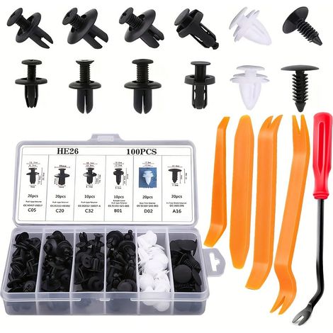 105-teiliges Kfz-Befestigungsset, inklusive Demontagewerkzeug, gängiger Kfz-Nylon-Kunststoffnieten, Türverkleidungs-Stoßstangenclip-Set, für die Reparatur von Fahrzeugverkleidungen und -blechen HE26