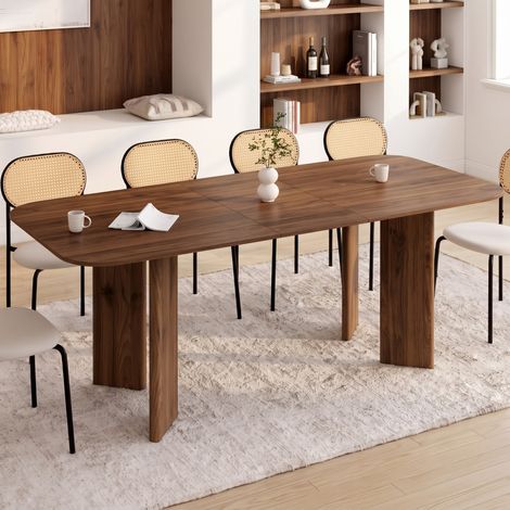 CAPUCINE Mesa de comedor redonda rectangular extensible para 6-10 personas con 4 patas redondeadas de nogal 160-200 cm (1/5)