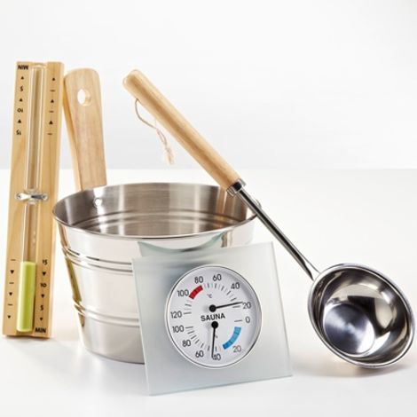 Infraworld Saunaset Edelstahl 4 teilig Kübel Kelle Sanduhr Thermometer Saunazubehör-Set (1/5)