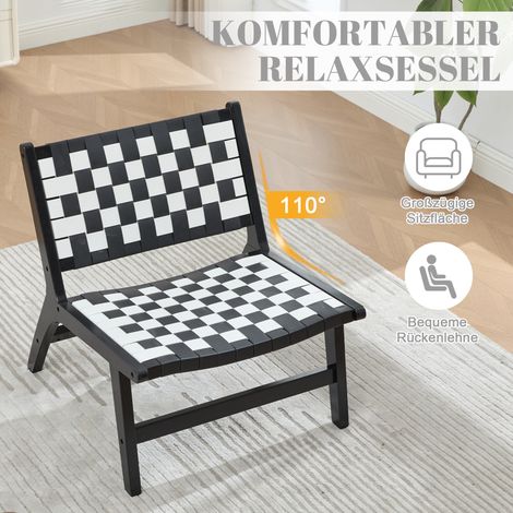 Chaise de style moderne emballée individuellement avec revêtement tissé, chaise de détente à motif damier, avec structure en bois, adaptée à une utilisation intérieure et extérieure (contraste noir et (1/5)