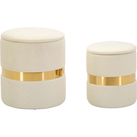Pouf Contenitore Maun, set da 2, Forma Rotondo, Colore Struttura oro, 37x37x42h cm Bianco Crema