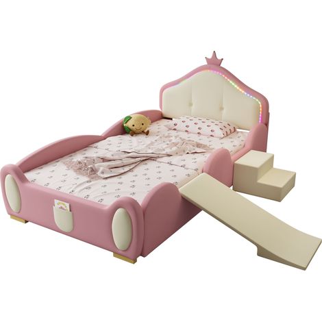 [31545758RAA]Lit rembourré, lit Crown Cartoon, avec bande LED multi-mode, lit enfant avec petit toboggan et escalier, avec bords souples de protection, avec lattes en bois, PU, rose + beige, 90x200cm (1/5)